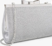 a silver evening bag with a chain and bow