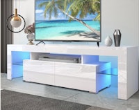 a white tv stand with blue led lights