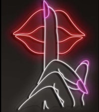 a neon sign with a hand holding a pink lipstick