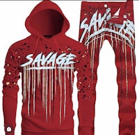 a red hoodie and pants set with the word savage on it