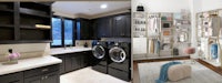two pictures of a laundry room with a washer and dryer