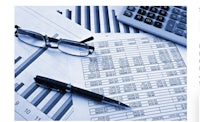 a blue background with a pen, glasses, and a calculator