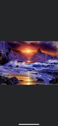 a painting of a sunset over the ocean