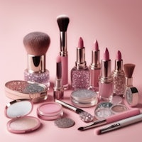 a collection of cosmetics on a pink background