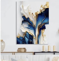 a blue and gold abstract painting on a wall in a living room